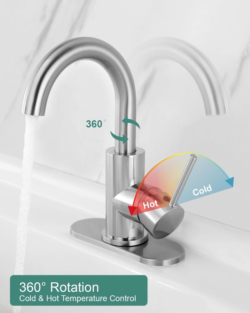 RKF Single-Handle Swivel Spout Bathroom Sink Faucet with Pop-up Drain with Overflow and Supply Hose,Bar Sink Faucet,Small Kitchen Faucet Tap,Brushed Nickel,BF3501P-BN - Image 5